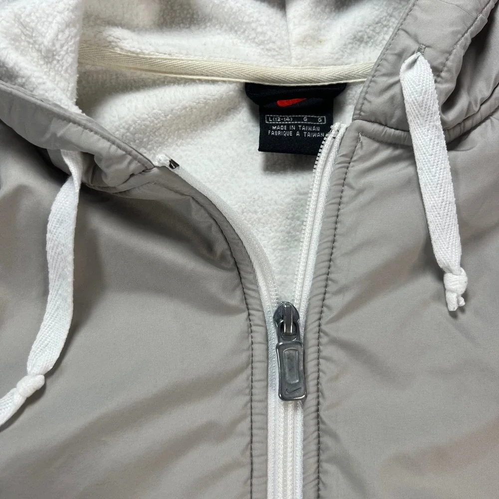 Nike Kids Vintage Full Zip Hooded Windbreaker Jacket Grey Fleece Lined L 12-14